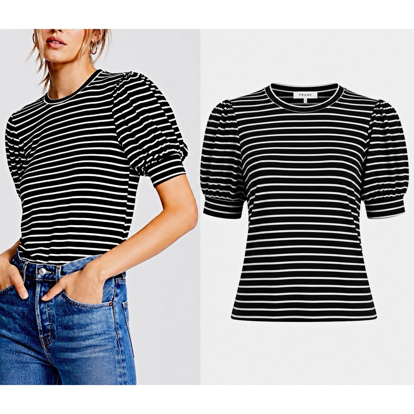 FRAME | Women's Black & White Striped Puff Sleeve Knit Top – XL – New With Tags
