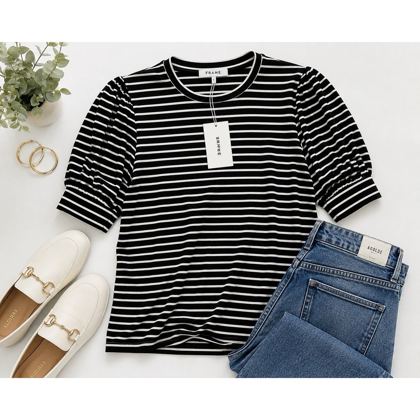 FRAME | Women's Black & White Striped Puff Sleeve Knit Top – XL – New With Tags